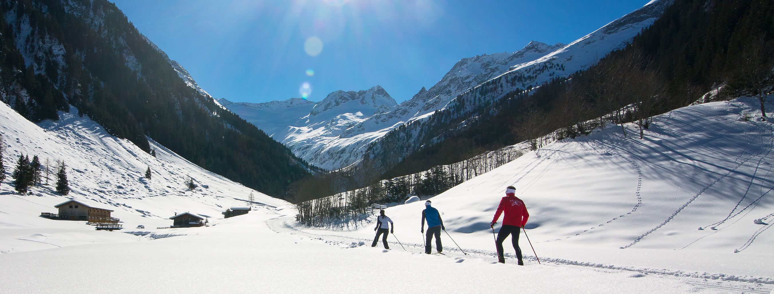 Cross-country skiing along Schönachtal valley